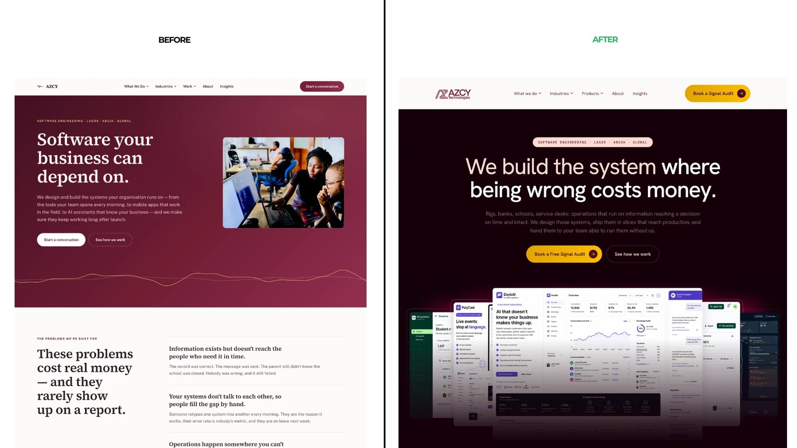 AZCY website before and after the redesign