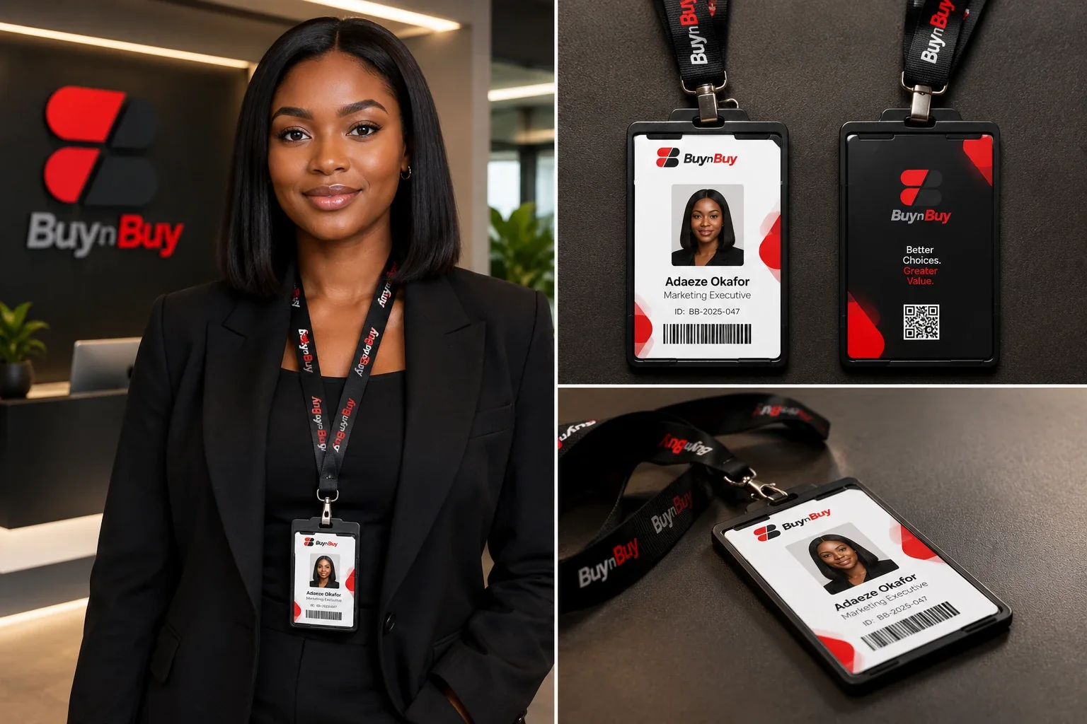 Buy n Buy staff ID cards on branded lanyards, front and reverse