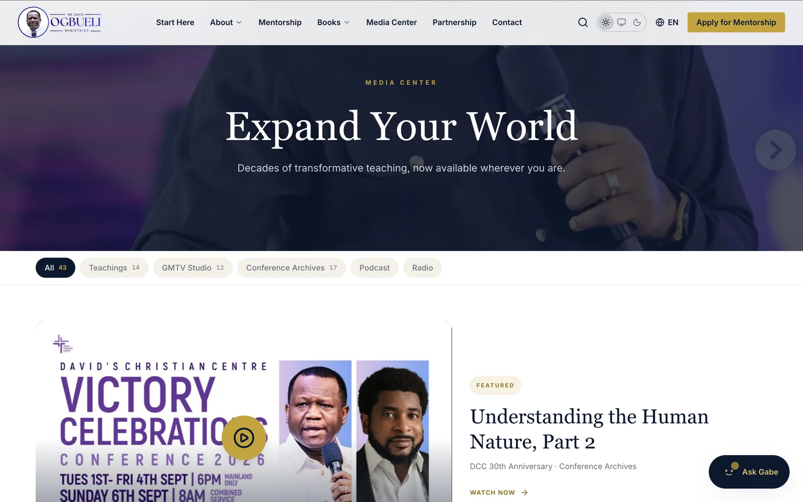 The media centre with filters for teachings, studio, conference archives, podcast and radio