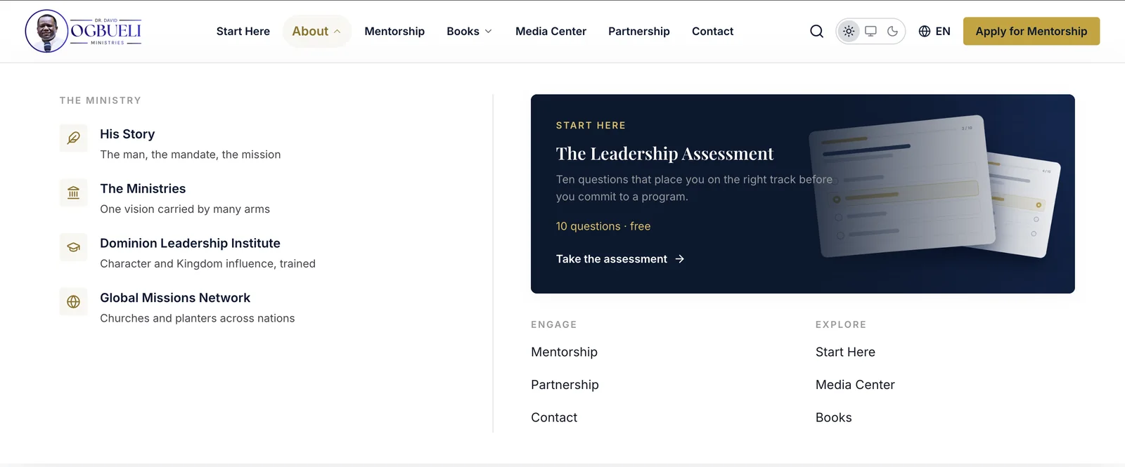 The site navigation showing the ministry, institute and global missions network alongside a leadership assessment