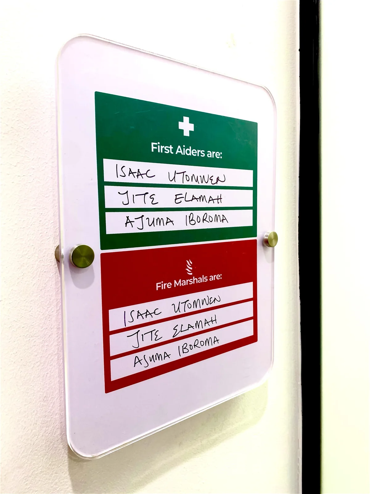 First aiders and fire marshals board in acrylic with standoff fixings